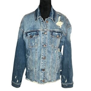 Hollister Distressed Medium Wash Denim Trucker Jacket‎ Women's Medium Grunge